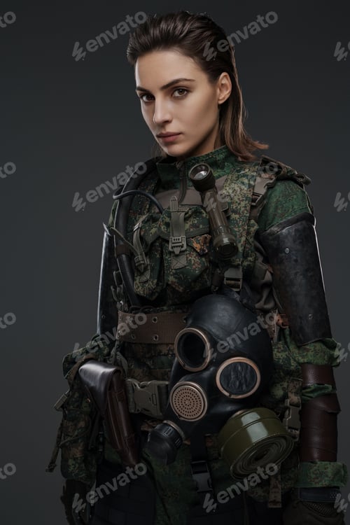 Preview: Portrait of a woman in military attire against a gray background