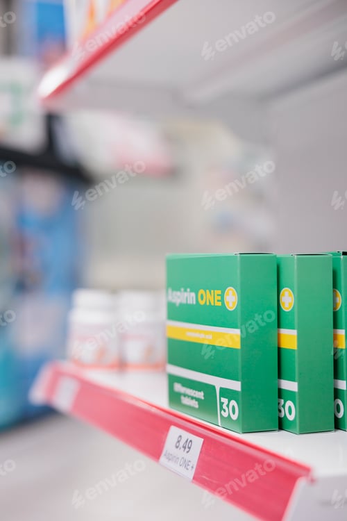 Preview: Empty pharmacy store filled with boxes of pharmaceutical products and supplements to help sick