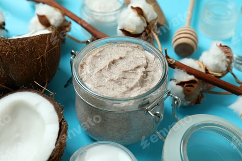 Preview: Skin care scrub concept on blue background