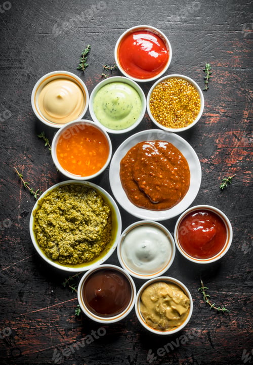 Preview: Barbecue sauce, pesto, mayonnaise, mustard with thyme sprigs.