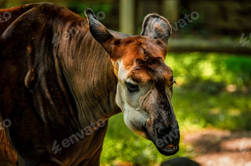 Preview: Close-up shot of an okapi. It has a long neck, large ears, and a dark brown coat with white stripes.