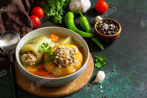 Preview: Healthy food. Bell stuffed paprika peppers with meat and bulgur in broth with vegetables.