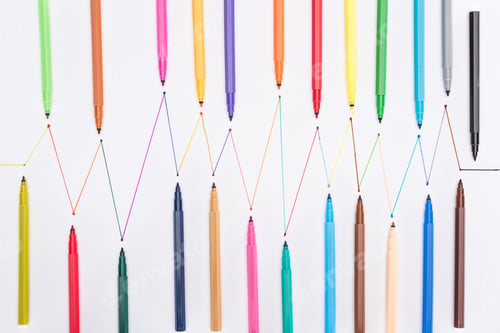 Preview: Colorful Felt-tip Pens on White Background With Connected Drawn Lines, Connection
