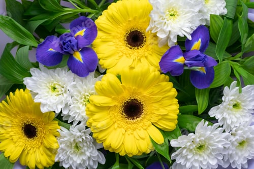 Preview: A bouquet of bright flowers in a gift shop. Floral pattern, decoration. Natural ornament texture.