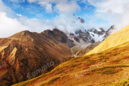 Preview: Thick fog on the mountain pass Goulet. Georgia, Svaneti. Europe.