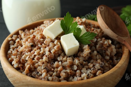Preview: Concept of tasty eating with buckwheat, close up