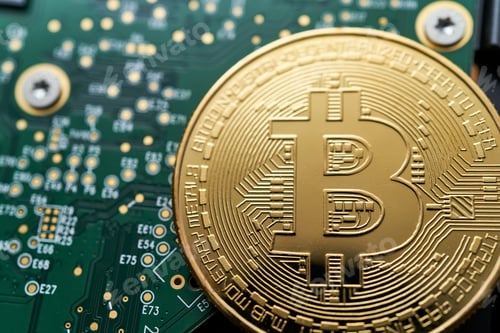 Preview: a bitcoin on a computer circuit board symbolizing financial transactions in cyberspace