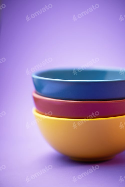 Preview: Color, container and group of ceramic bowl, kitchen equipment or plastic plate tower for soup, cere