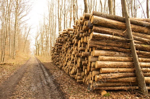 Preview: felled trees lie in a stack in the forest, deforestation, collecting firewood