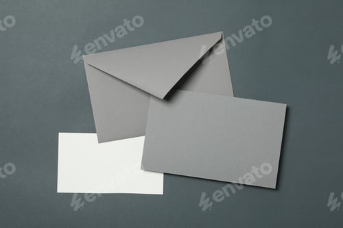 Preview: Blank envelope and cards on light black background, space for text