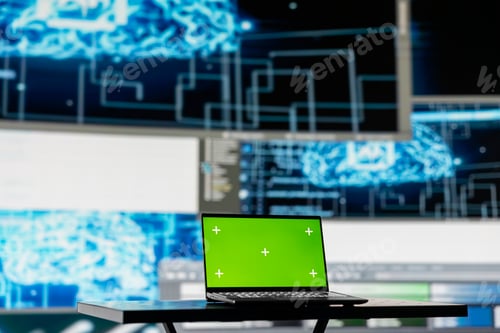 Preview: PC showcasing chroma key display next to AI neural networks system