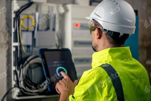 Preview: Man an electrical technician working in a switchboard with fuses, uses a tablet.