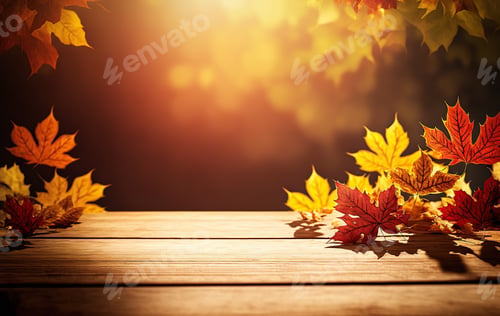 Preview: Showcase of branches with yellow and orange falling leaves in the sunlight .Wooden desk as pedestal