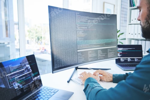 Preview: Computer, programmer or technician man for coding, software script or cyber security in office. Beh