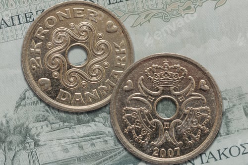 Preview: Danish krone coin obverse and reverse. Currency of Denmark, Faroe Islands and Greenland