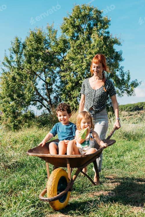 Preview: Woman Transports Children in a Wheelbarrow on a Sunny Day Outside