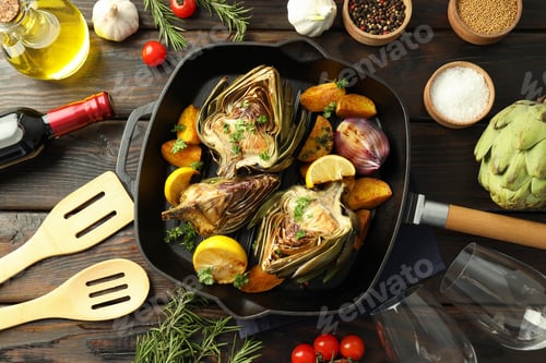 Preview: Concept of tasty food with grilled artichoke, top view