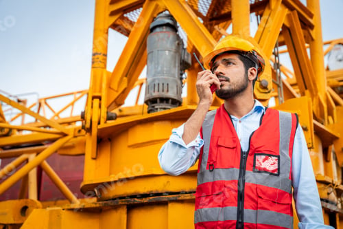 Preview: A man in a yellow hard hat and red vest is talking on a walkie talkie