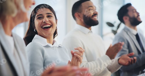Preview: Business people, woman and audience for applause in office, workshop or award ceremony at company.