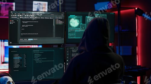 Preview: Experienced hacker writing lines of code on computer from underground bunker