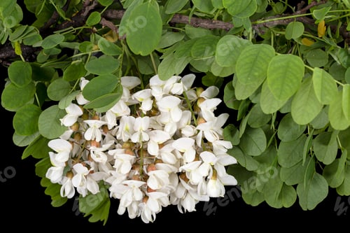 Preview: Blossoming inflorescence of white acacia, isolated on black background