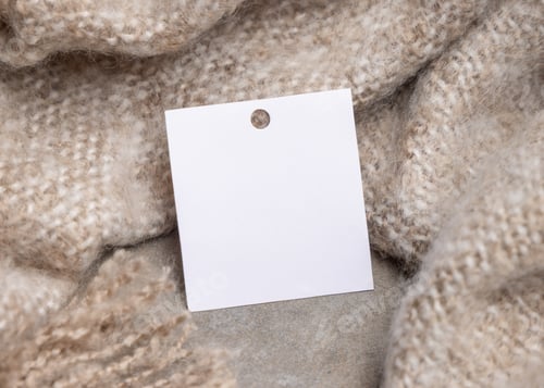 Preview: Blank square gift tag mockup on beige plaid, copy space. Handmade product label design