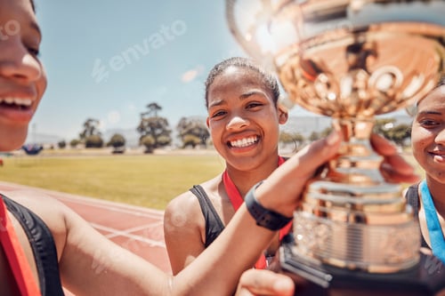 Preview: Winner, trophy and track team celebrate olympic relay teamwork, sprint competition or marathon race