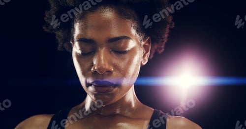 Preview: Studio, black woman and tired with sweat for fitness, intense workout and rest by lens flare. Dark