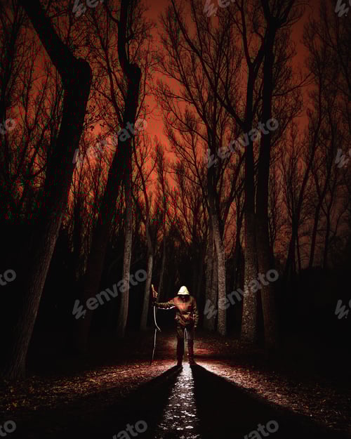 Preview: Illuminated man in hood with wand between murk forest in darkness