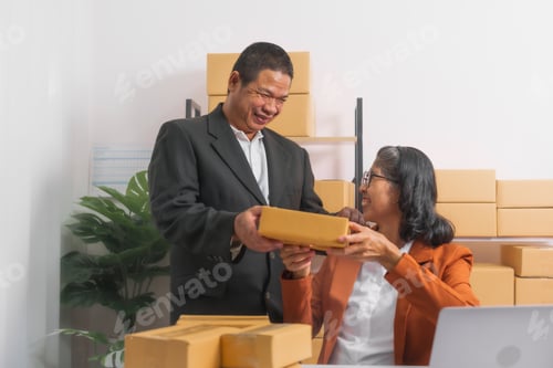 Preview: Confident elderly Asian businessman and female husband and wife in formal suit working as SMEs