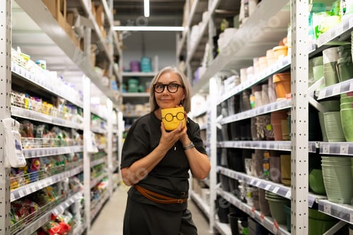 Preview: Woman holds a yellow decorative pot in a store aisle filled with gardening supplies and pots