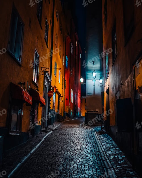 Preview: Beautiful cozy night narrow street in Gamla Stan - old town of Stockholm.