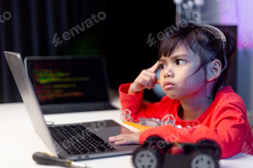 Preview: Asia students learn at home in coding robot cars and electronic board cables in STEM,