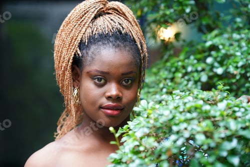 Preview: Portrait of attractive black skin young woman, Charming Afro girl. Portrait of afro girl looking at