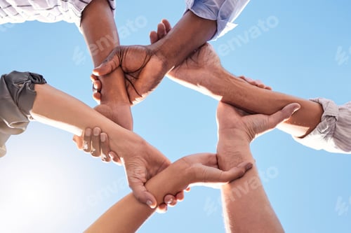Preview: Hands, community and link team together global community of cooperation on blue sky. Group diversit
