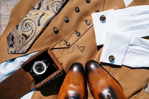 Preview: Brown men leather shoes, a suit, a chain with a pendant and a watch in a box lie on a wooden table