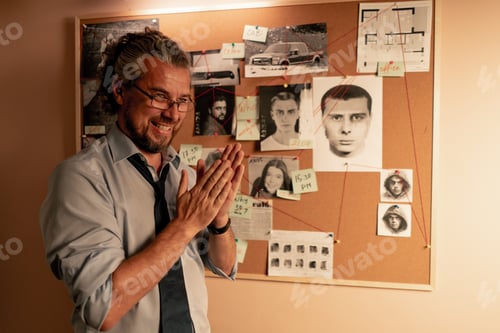 Preview: close up detective office middle aged investigator in shirt and tie wearing glasses standing near
