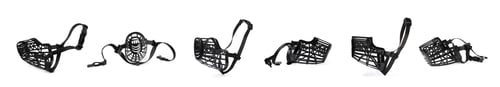 Preview: Collage with black plastic dog muzzle on white background, different sides