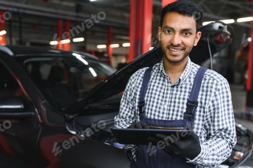 Preview: Mechanic man mechanic manager worker using a laptop computer checking car in workshop