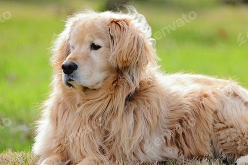 Preview: Golden retriever resting in a grassy field