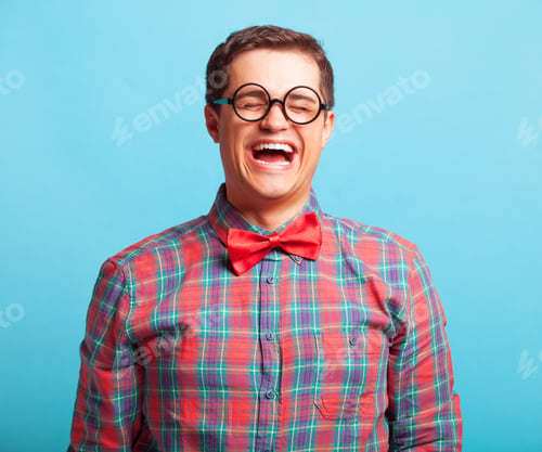Preview: funny nerd with glasses on blue background.