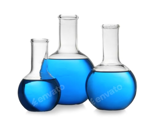 Preview: Florence flasks with blue liquid on white background. Laboratory glassware