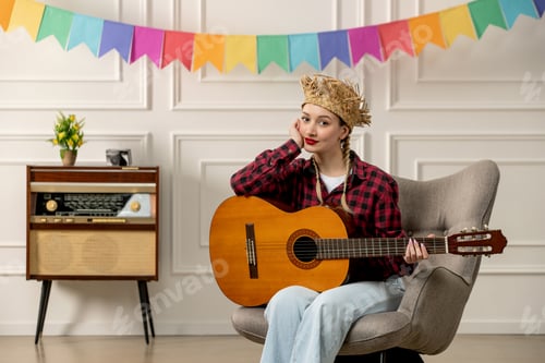 Preview: festa junina cute girl in straw hat brazilian midsummer with retro radio playing guitar