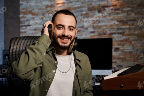 Preview: Harmonic composition: man with headphones at keyboard