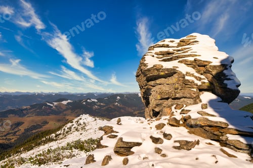 Preview: Landscapes of the Carpathian Mountains, covered with large stone ledges in Ukraine, near the village