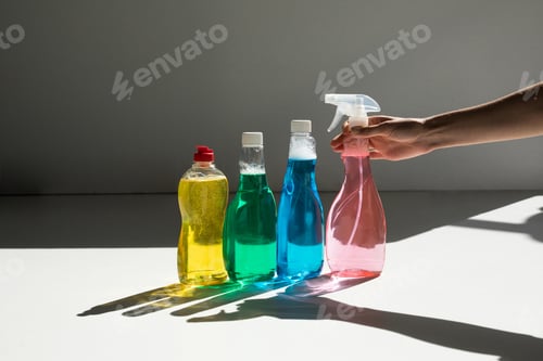 Preview: partial view of hand holding spray bottle and various cleaning fluids on white