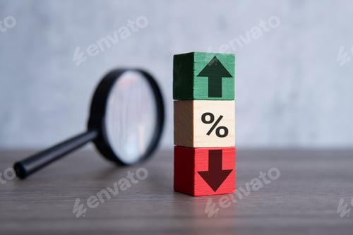Preview: Magnifying glass and wooden blocks with percentage sign, up and down icon.