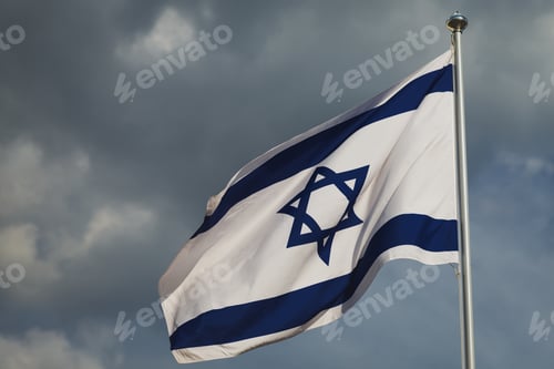 Preview: Flag of Israel, capital of Jerusalem against blue background. Fabric textured flag