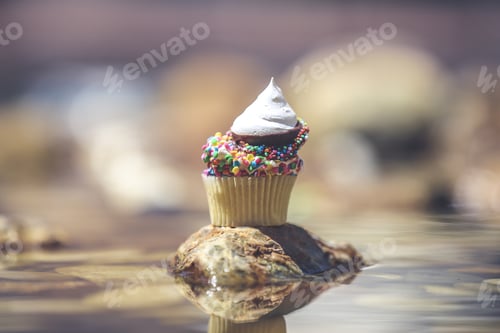 Preview: Delicious Sprinkled Cupcake on Rock Reflected in Water