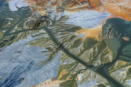 Preview: Aerial view of surreal natural patterns of gold cyanide leaching flowing into decanting lake